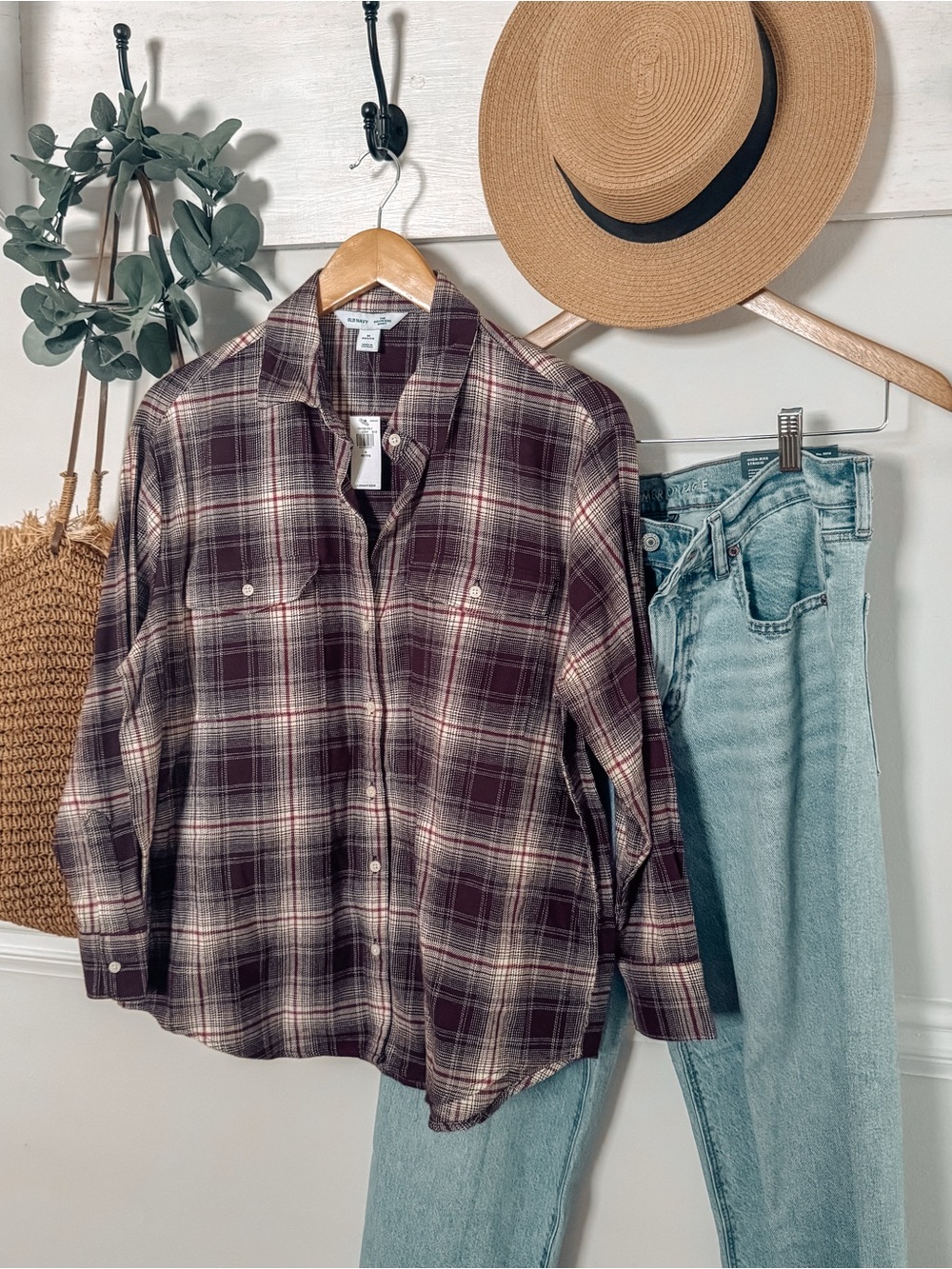 Old Navy Maroon and Cream Plaid Button-Down Boyfriend Shirt